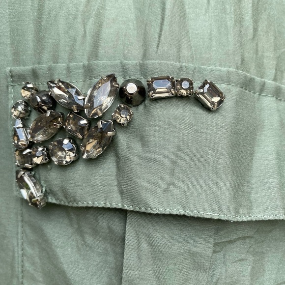 Chicos Size 0( XS)Womens Top Green Silk/Cotton Blend Studded Pockets Long Sleeve - Picture 2 of 14